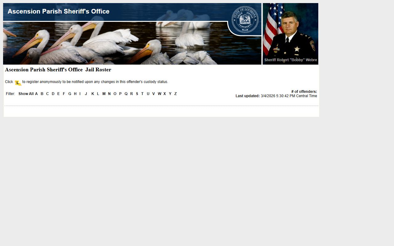 Ascension Parish LAVNS inmate search portal for busted mugshots