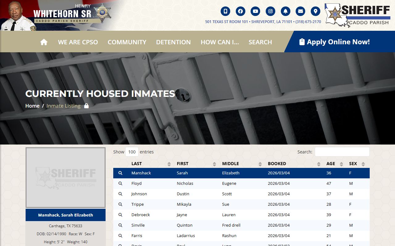 Caddo Parish busted mugshots inmate search page on sheriff website