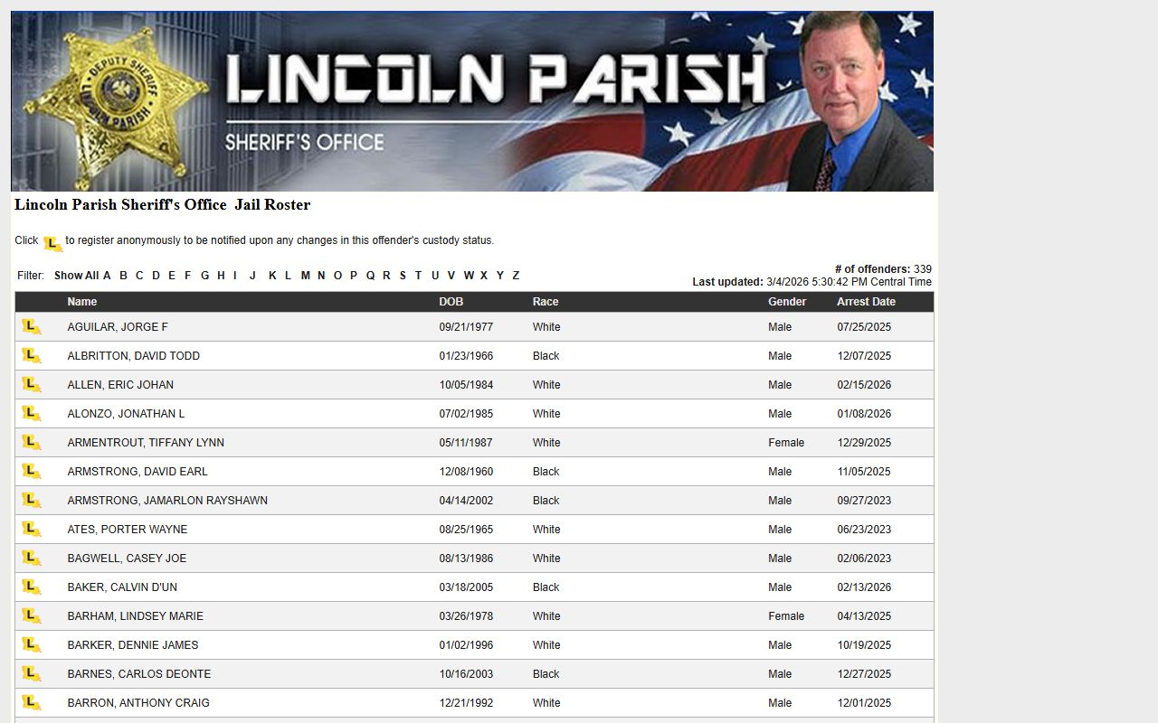 Lincoln Parish busted mugshots LAVNS inmate search page