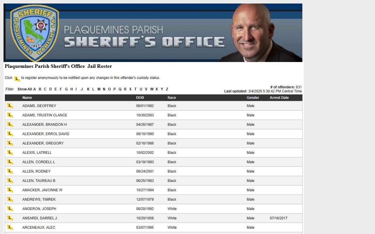 Plaquemines Parish busted mugshots LAVNS inmate search portal