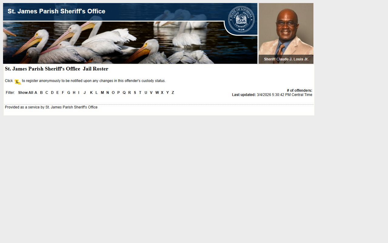 St. James Parish LAVNS inmate search portal for busted mugshots