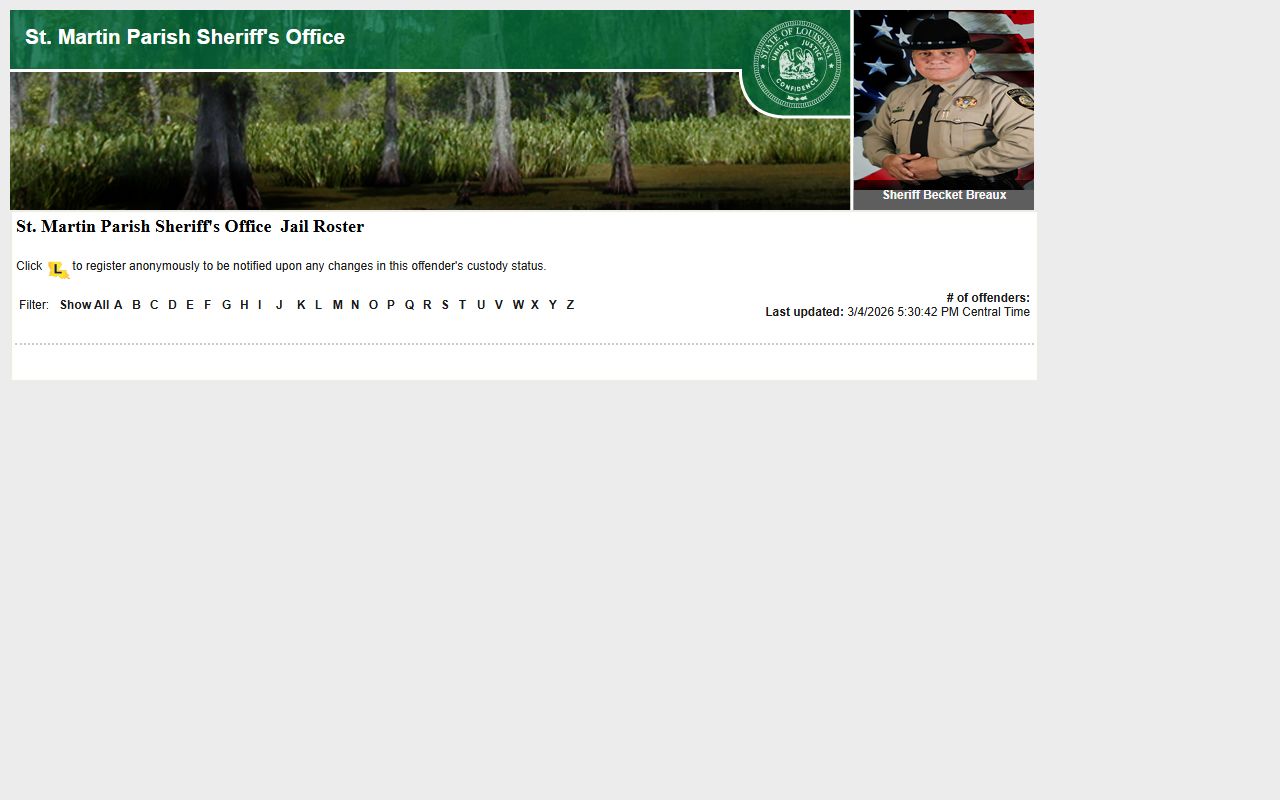 St. Martin Parish LAVNS inmate roster with booking records and mugshot data