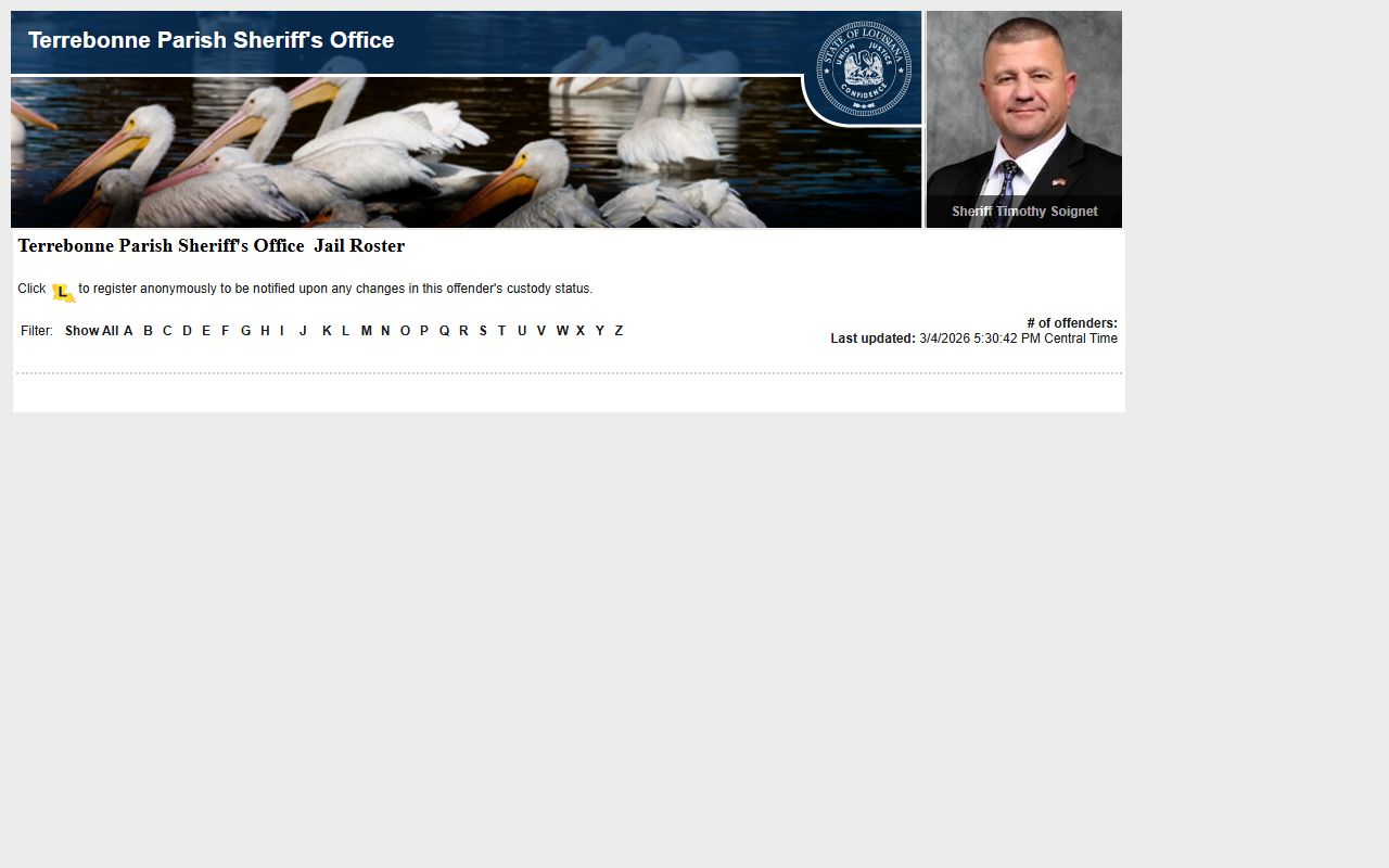 Terrebonne Parish busted mugshots inmate search page on LAVNS